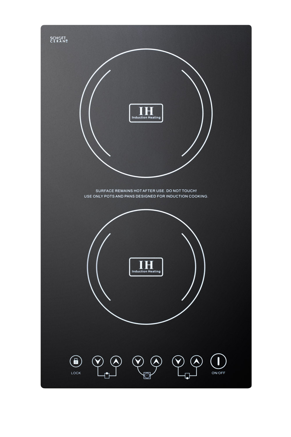 Built-in induction cooktop with two zones, 3100 Watts, 220 Volts, and Black Ceran smooth-top finish